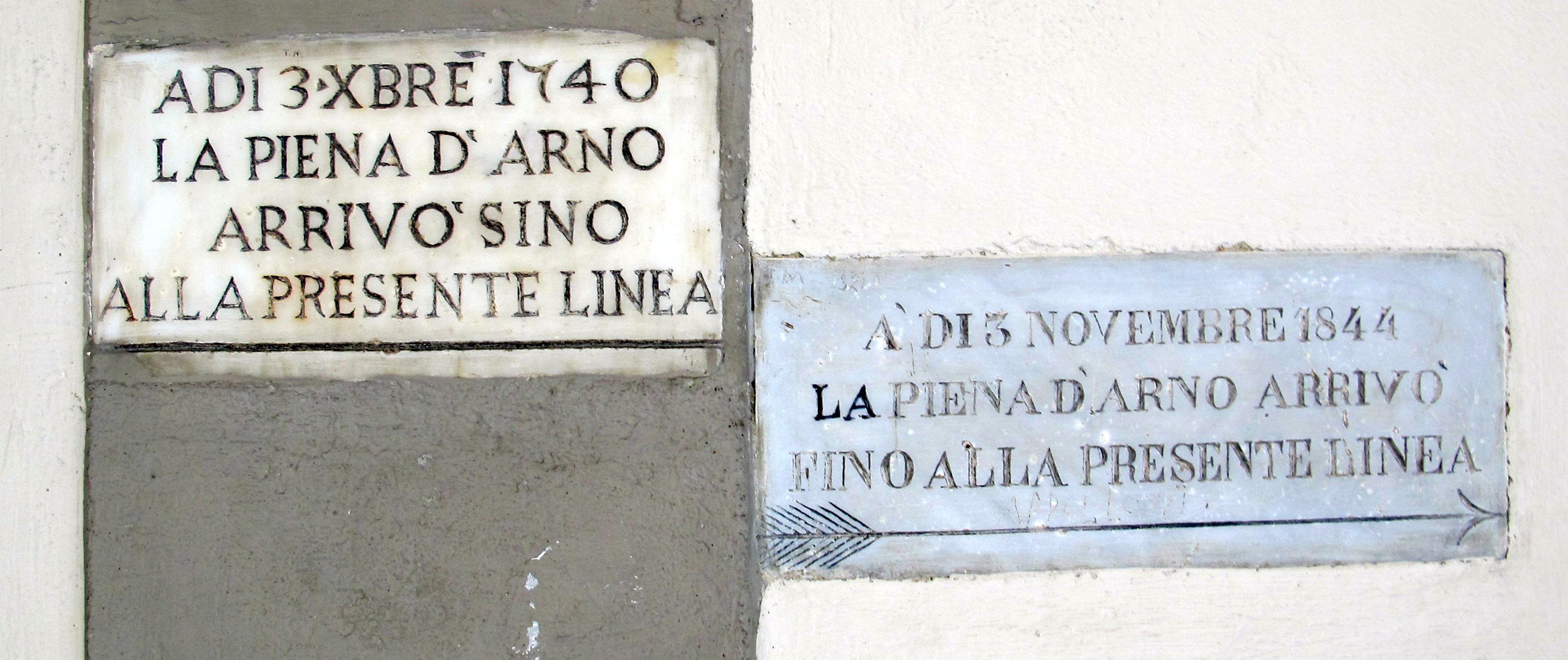 Florence, Via de' Benci, two plaques record the level reached by the water in the 1740 and 1844 floods. Source: I, Sailko, released under CC BY-SA 3.0 via Wikimedia Commons (https://commons.wikimedia.org/wiki/File:San_jacopo_tra_i_fossi,_chiostro,_targhe_alluvioni_1740_e_1844,_02.JPG).