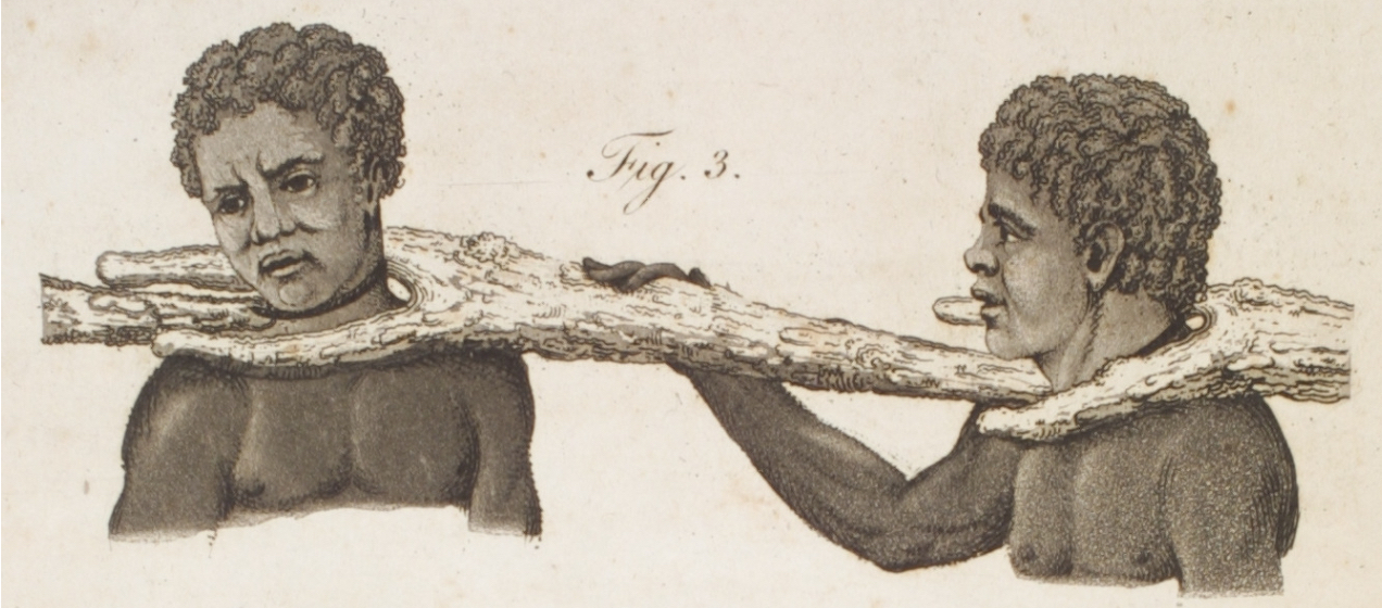 Wooden Yokes used in coffles, Senegal, ca. 1789. Thomas Clarkson, Letters on the slave-trade, and the state of the natives in those parts of Africa […] contiguous to Fort St. Louis (London, 1791) plate 3, facing p. 37, detail. Copy in Library Company of Philadelphia. Under Creative Commons Attribution-NonCommercial 4.0 International license.